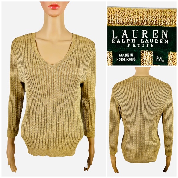 Lauren Ralph Lauren | Sweaters | Lauren Ralph Lauren Womens Large Petite  Sweater Silk Blend Gold Shiny Cable Euc | Poshmark